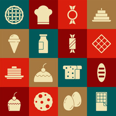 Poster - Set Chocolate bar, Bread loaf, Waffle, Candy, Bottle with milk, Ice cream in waffle cone, Homemade pie and icon. Vector