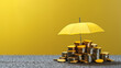 An umbrella and coins symbolize insurance, like a shield against unexpected expenses, keeping your finances safe and dry when life rains down challenges.