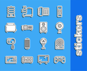 Poster - Set line Gamepad, Electric heater, Web camera, Telephone, Toaster with toasts, Double boiler and Stereo speaker icon. Vector