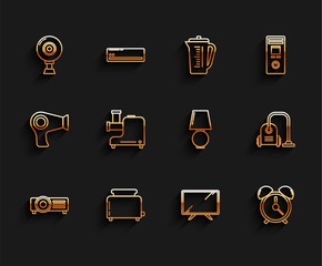 Canvas Print - Set line , Toaster with toasts, Web camera, Smart Tv, Alarm clock, Kitchen meat grinder, Vacuum cleaner and Table lamp icon. Vector