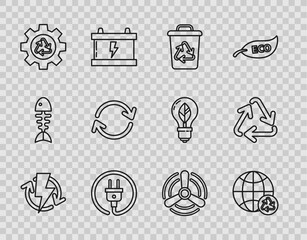 Wall Mural - Set line Recharging, Planet earth and recycling, Recycle bin with recycle symbol, Electric plug, gear, Refresh, Wind turbine and icon. Vector