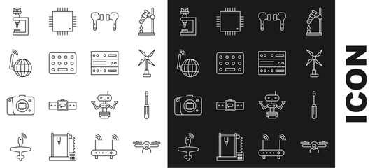 Poster - Set line Drone flying, Screwdriver, Wind turbine, Air headphones, Pills blister pack, Social network, Microscope and Server, Data, Web Hosting icon. Vector