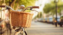 A Classic Bicycle With A Woven Basket, Reminiscent Of Simpler Times