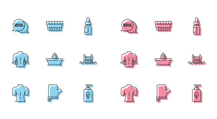 Sticker - Set line Massage, Sauna mittens, Spa salon, Essential oil bottle, Aroma candle, Swimming pool with ladder, and bucket icon. Vector