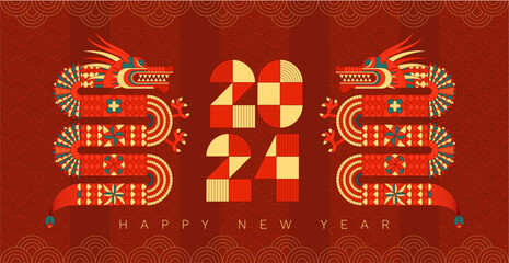 Wall Mural - 2024 Dragon Lunar Chinese New Year card. Modern Geometric Chinese pattern.