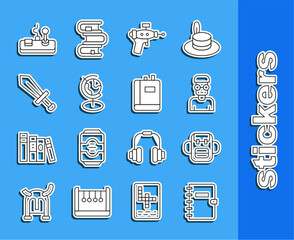 Wall Mural - Set line Spiral notebook, School backpack, Nerd geek, Ray gun, Earth globe, Sword for game, Gamepad and Book icon. Vector