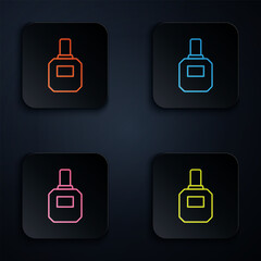 Sticker - Color neon line Aftershave icon isolated on black background. Cologne spray icon. Male perfume bottle. Set icons in square buttons. Vector