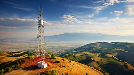 A telecom tower with a view of rolling hills