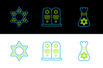 Sticker - Set line Jewish money bag with star of david, Star David and Tombstone icon. Vector