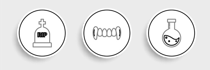 Wall Mural - Set line Bottle with potion, Tombstone RIP and Vampire teeth icon. Vector
