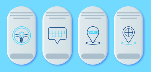 Poster - Set line Map pointer with taxi, Steering wheel and icon. Vector