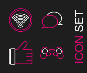 Poster - Set line Gamepad, Hand like, Speech bubble chat and Wi-Fi wireless internet network icon. Vector