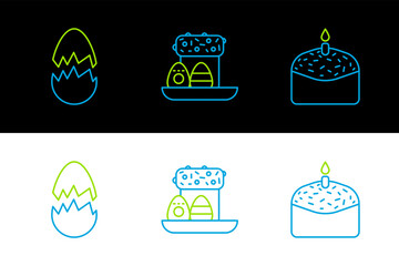 Sticker - Set line Easter cake and candle, Broken egg and eggs icon. Vector