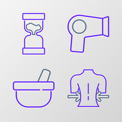 Wall Mural - Set line Massage, Mortar and pestle, Hair dryer and Old hourglass icon. Vector