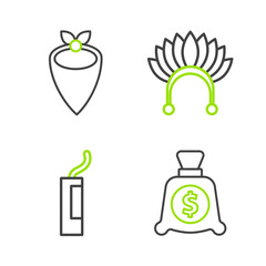 Sticker - Set line Money bag, Dynamite bomb, Indian headdress with feathers and Cowboy bandana icon. Vector