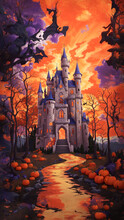 Halloween Castle With Pumpkins And Trees At Sunset