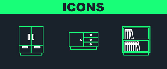 Sticker - Set line Library bookshelf, Wardrobe and Chest of drawers icon. Vector