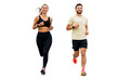 © muse studio - A woman and a man are friends running together. Sports people train together. A young couple leads an active lifestyle in sportswear. Transparent background.