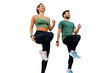 © muse studio - Active leg exercises in fitness clothes. Body warm-up two people train a male instructor and a female client.  Sports friends active lifestyle time for sports. Transparent background.