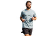 © muse studio - Male runner smiles jogging fitness activity workout. A slender man in sportswear T-shirt. Transparent background.