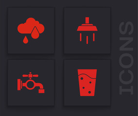 Sticker - Set Glass with water, Cloud rain, Shower and Water tap icon. Vector