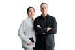 © muse studio - A team of two people freelancers colleagues in modern clothes work together. A woman and a man are office employees together. Transparent background.