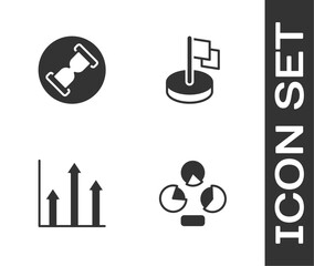 Sticker - Set Pie chart infographic, Old hourglass with sand, and Flag icon. Vector