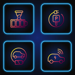 Sticker - Set line Smart car system, Electric, Battery charge and Charging parking electric. Gradient color icons. Vector