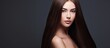Gorgeous girl with long shiny straight hair Keratin treatment care spa procedures Sleek hairstyle With copyspace for text