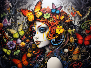 Wall Mural - Neon butterfly woman