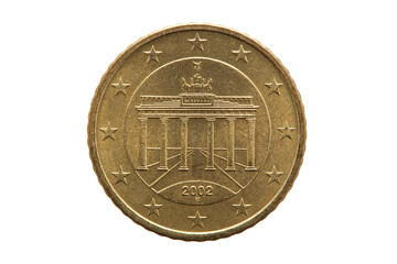 Fifty cent euro coin of Germany dated 2002 a German currency showing the Brandenburg Gate in Berlin on the reverse, stock photo png file cut out and isolated on a transparent background