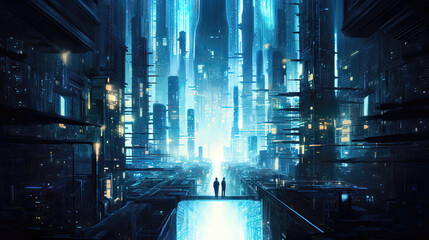 Wall Mural - Futuristic city with glowing skyscrapers and neon lights