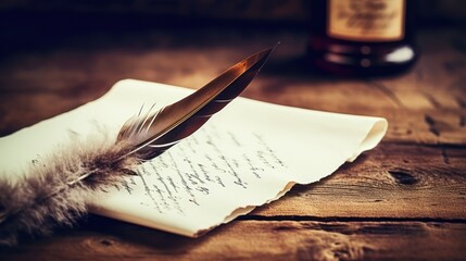 Quill feather pen and inkwell on a wooden table.