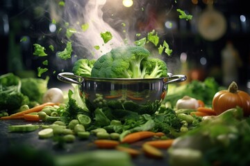 Wall Mural - Fresh green vegetables ingredients for cooking flying into the pot the kitchen.