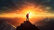 Silhouette of a man raising his hand up against the sky on the top of mountain with a morning sky and sunrise and enjoys the moment of success.