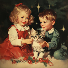 Retro Vintage  Christmas Card. Children And Pets Look At Gifts Near A Decorated Christmas Tree. Unusual New Year Christmas Background, Creative Wallpaper.