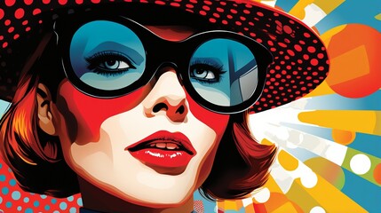 Wall Mural - Retro pop art style portrait of woman in sunglasses against vibrant background, allure of vintage aesthetics evoking nostalgia for past and symbolizing spirit of bygone eras of retro fashion