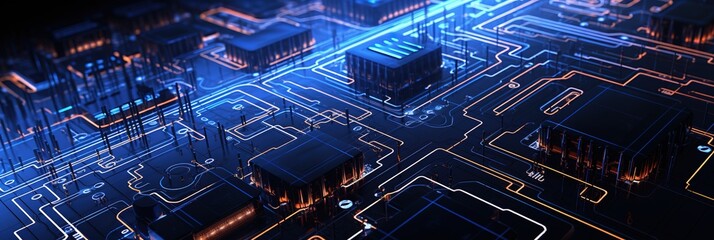 banner electronic circuits, blue neon light, software and web developer programming code, binary abs