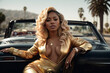 A female rapper in a glamorous, vintage-inspired outfit, posing provocatively on a classic convertible car against a Los Angeles backdrop. Toned Image. Generative Ai