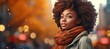 Generative AI banner of a copy space banner, a shot of a Portrait of a Beautiful Black Woman in front of a Autumn City Background in the Fall