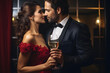 Elegant couple in evening attire, holding champagne, intimately poised for a kiss in a luxurious indoor setting.