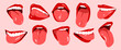 set of sexy woman's lips with red lipstick, white teeth, and tongue out. mouth icon. flat vector illustration.