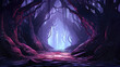 Fantasy dark forest with glowing neon lights, 3d render illustration