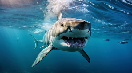 Shark swimming under sun rays in the blue ocean waters. Generative AI