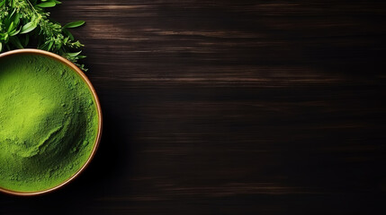 Matcha tea powder in a wooden plate on dark background with whisk, top view, copy space. Generative AI