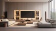 © Raziq.Ai - A modern living room with a home entertainment center, including a large flat-screen TV and surround sound speakers