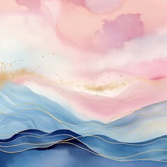 Wall Mural - abstract watercolour fluid background with waves and pastel colors with gold accents.