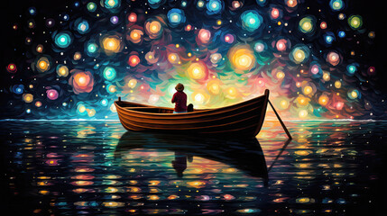 Wall Mural - Fantasy scene with man in boat and colorful bokeh lights