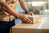 Fototapeta  - Imagen de manos de un repartidor de paquetería preparando paquete para entregar.
