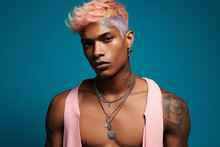 A Man With Vibrant Pink Hair And A Matching Pink Tank Top